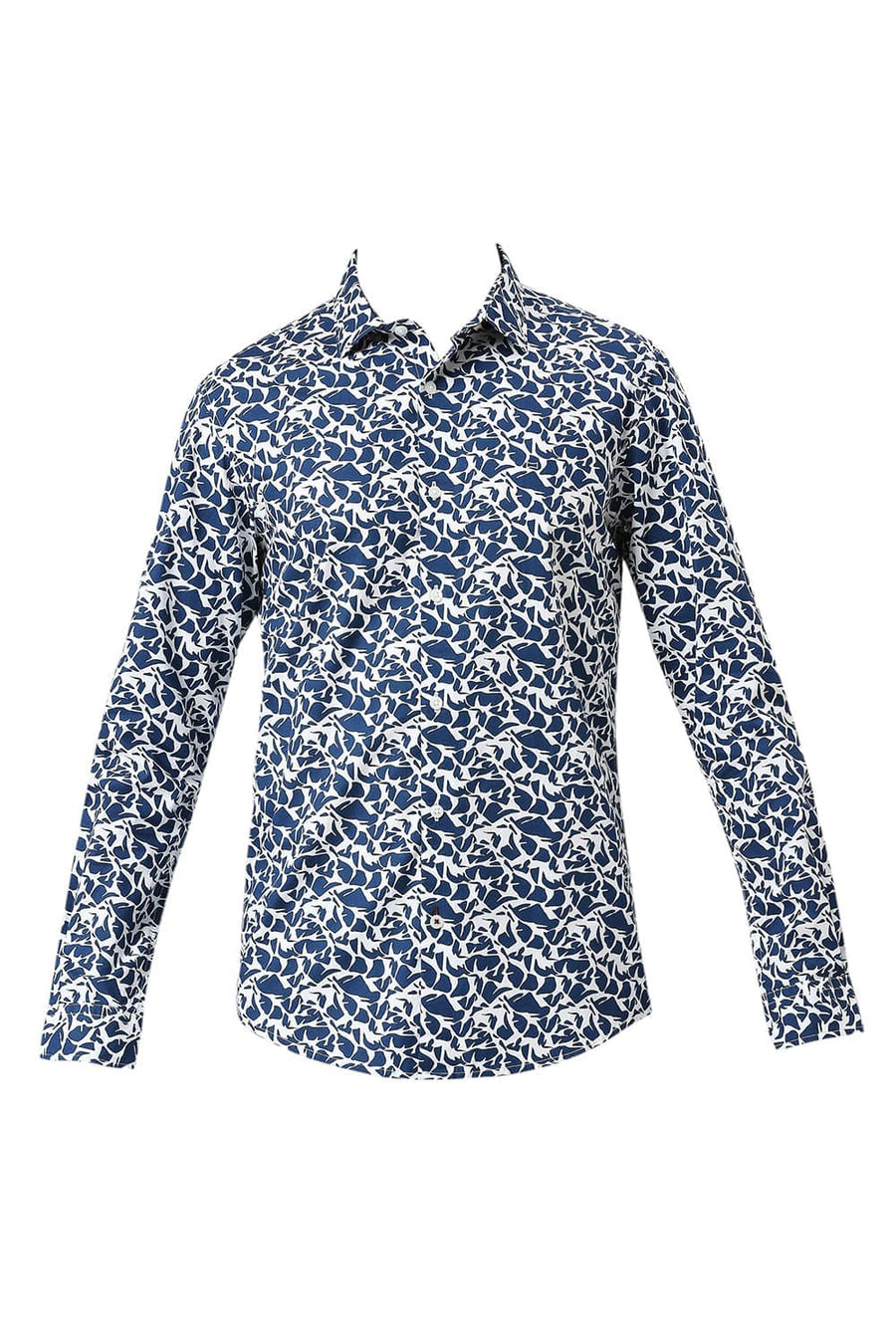 BASICS SLIM FIT TITAN BLUE COTTON PRINTED SHIRT