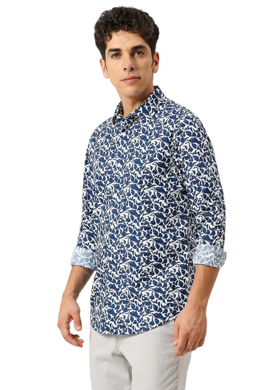 BASICS SLIM FIT TITAN BLUE COTTON PRINTED SHIRT