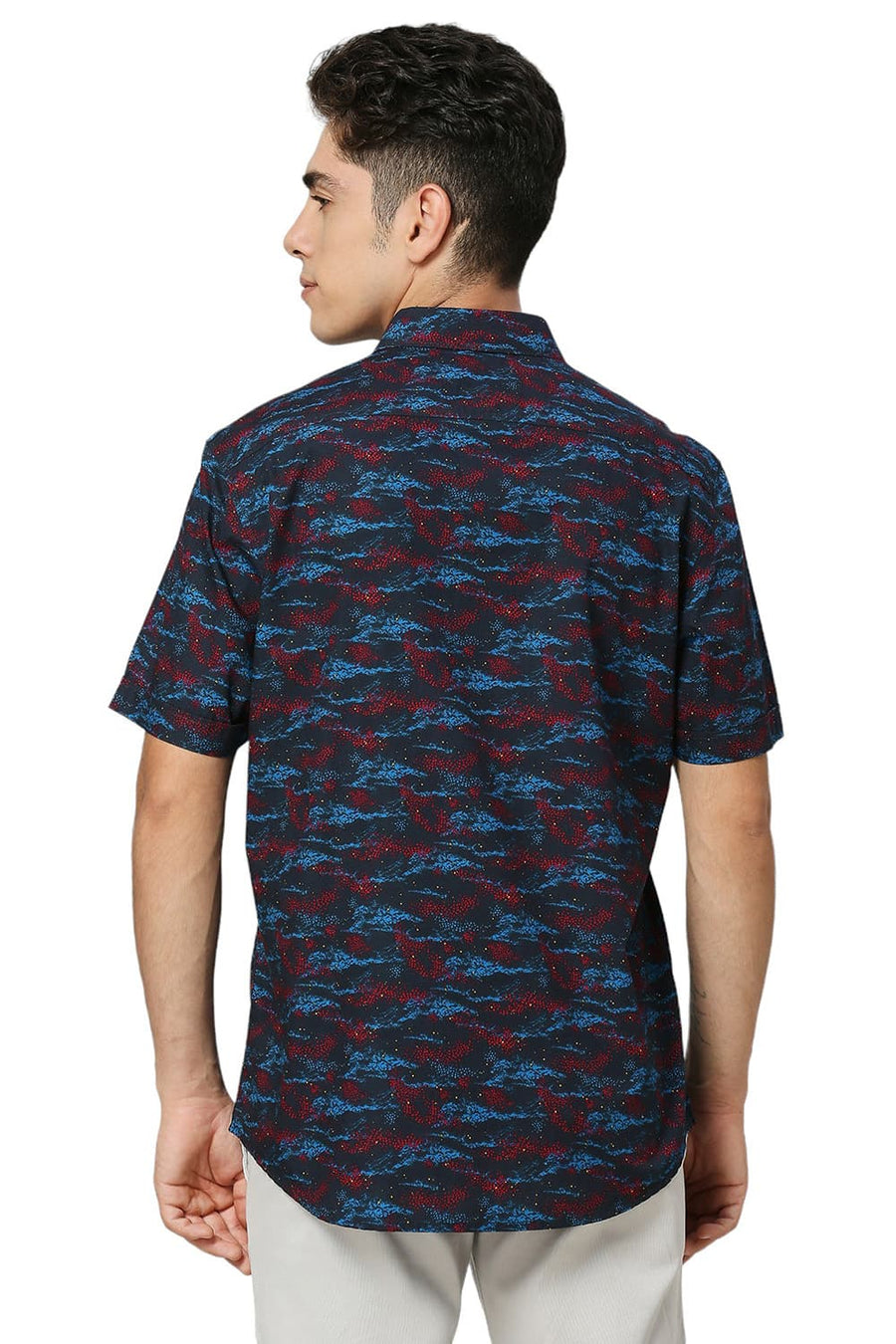 BASICS SLIM FIT POLAR NAVY COTTON PRINTED HALFSLEEVES SHIRT