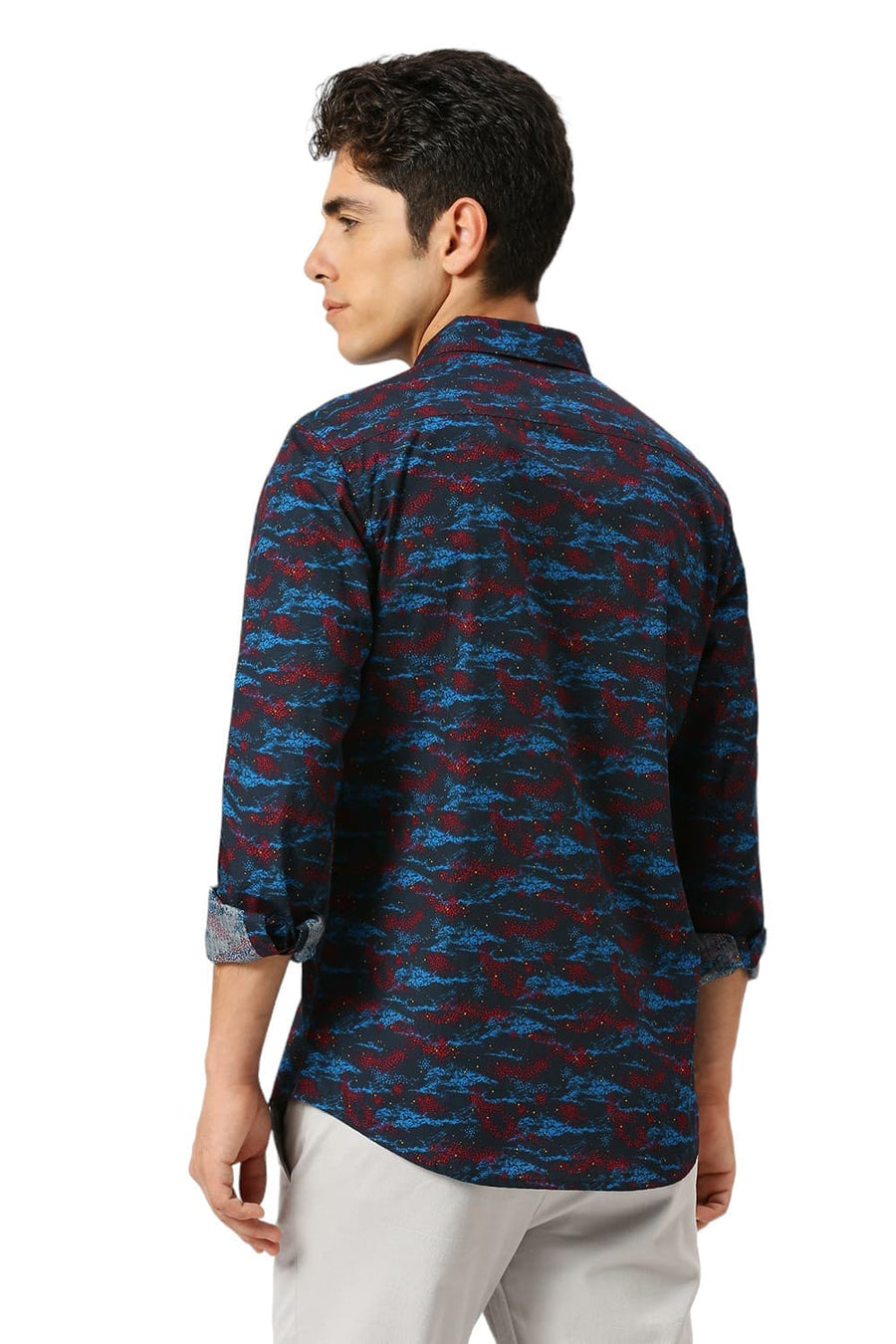 BASICS SLIM FIT POLAR NAVY COTTON PRINTED SHIRT