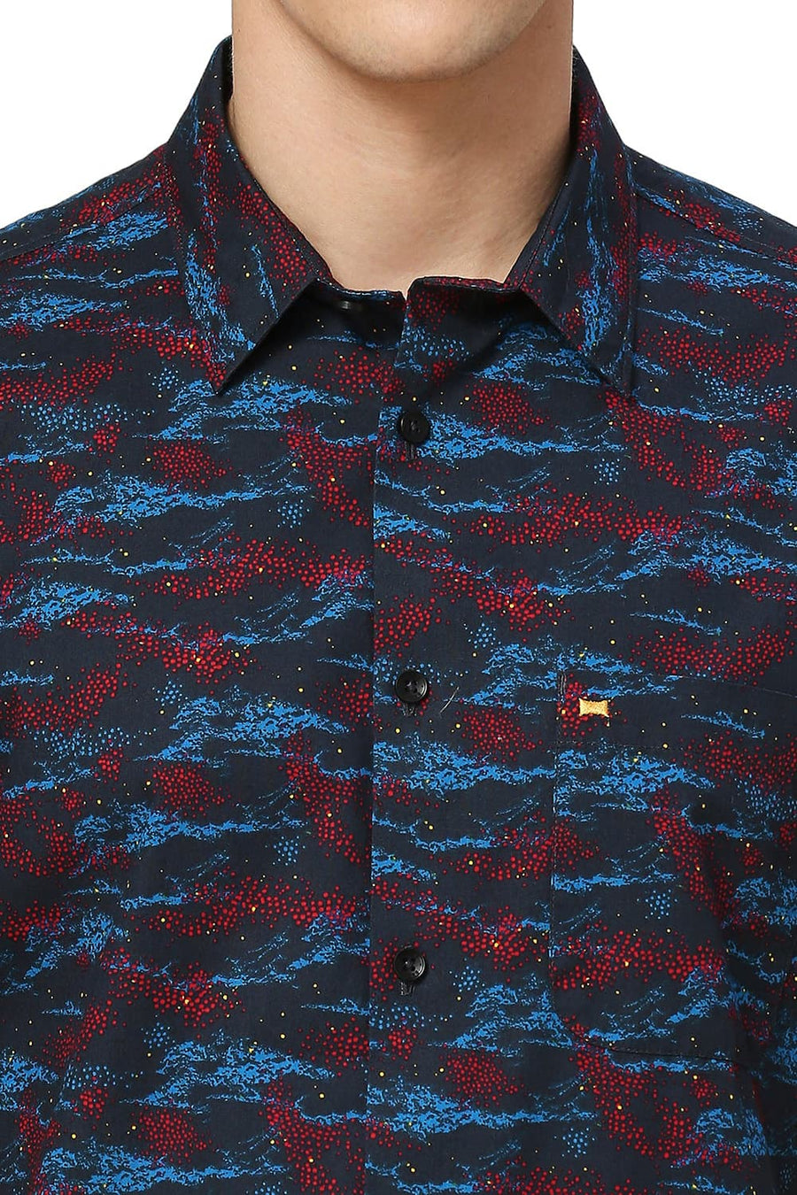 BASICS SLIM FIT POLAR NAVY COTTON PRINTED HALFSLEEVES SHIRT