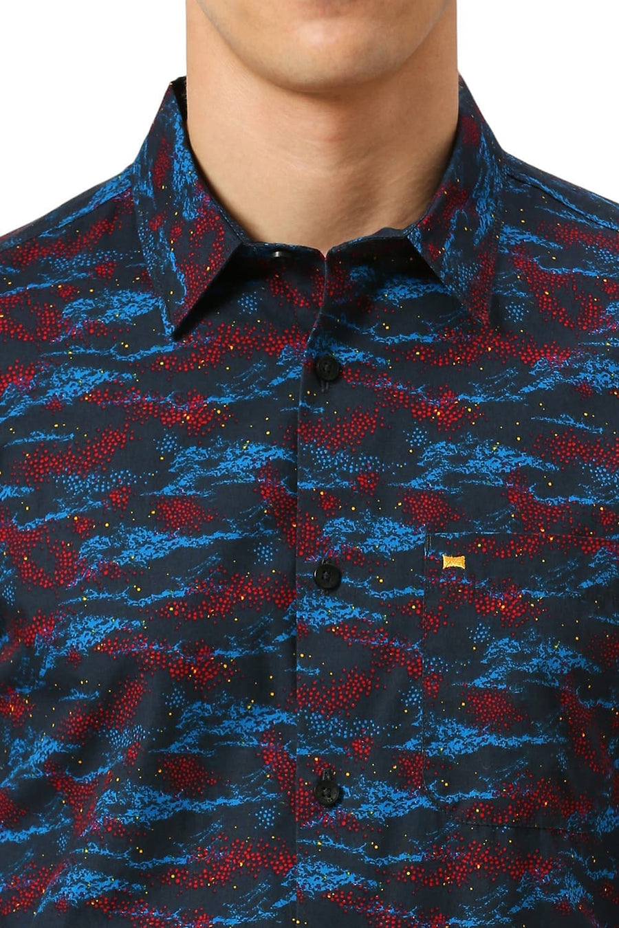 BASICS SLIM FIT POLAR NAVY COTTON PRINTED SHIRT