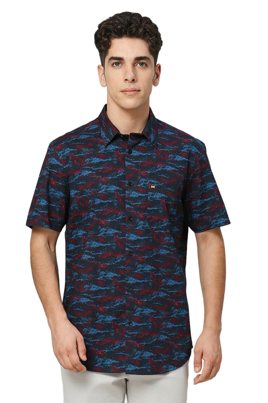 BASICS SLIM FIT POLAR NAVY COTTON PRINTED HALFSLEEVES SHIRT
