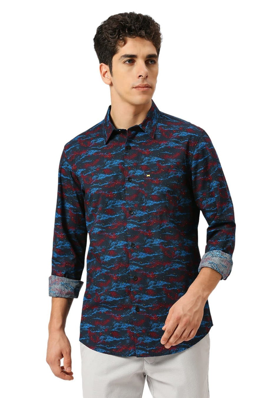BASICS SLIM FIT POLAR NAVY COTTON PRINTED SHIRT