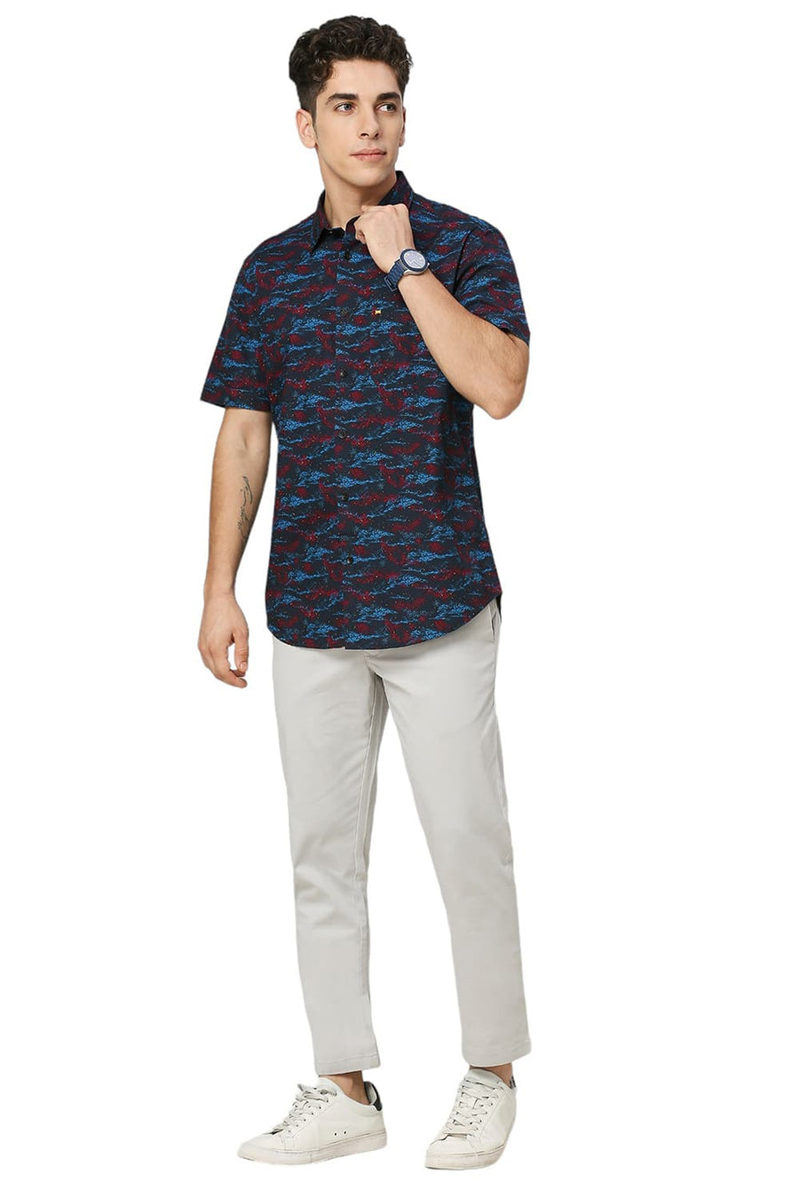 BASICS SLIM FIT POLAR NAVY COTTON PRINTED HALFSLEEVES SHIRT