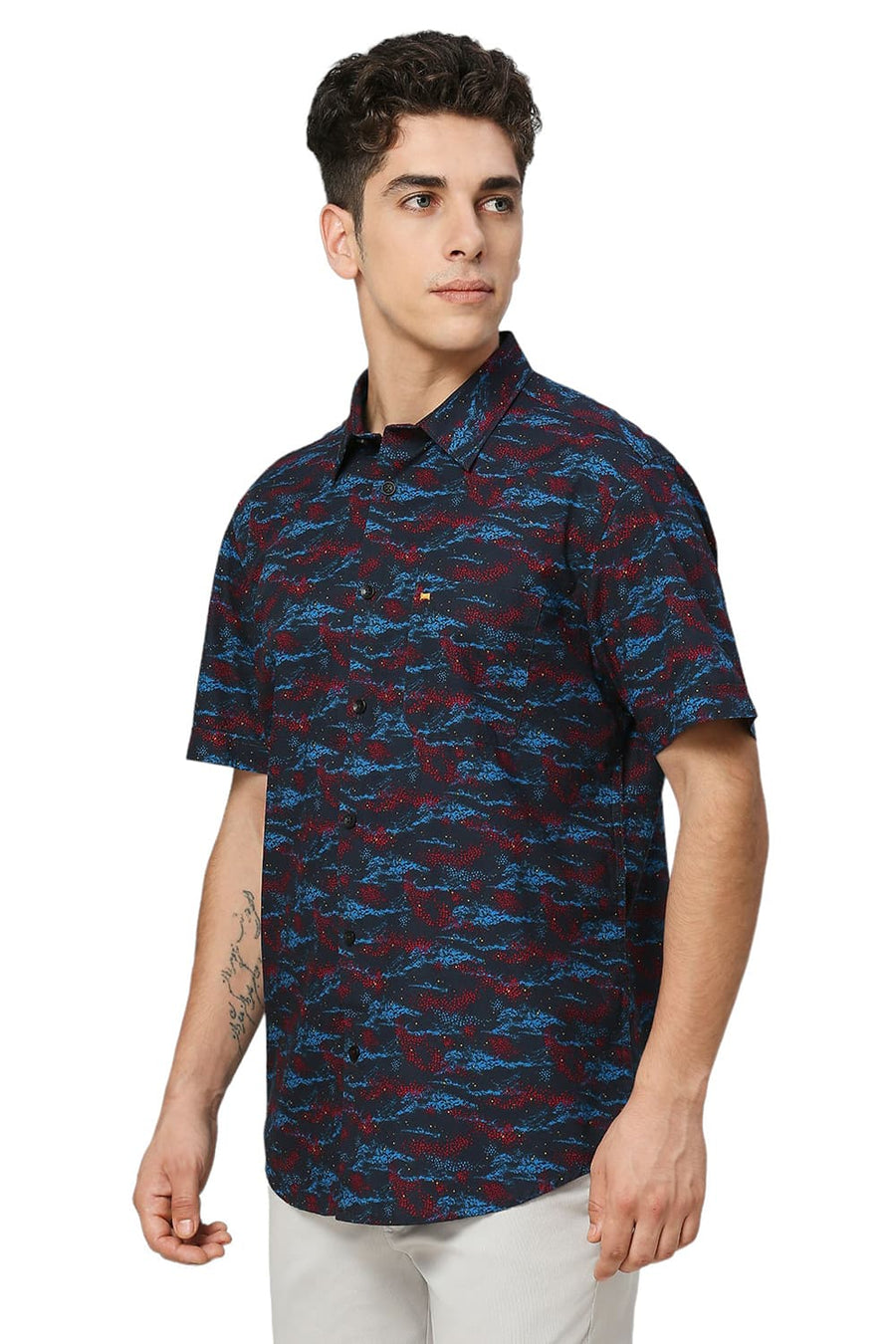 BASICS SLIM FIT POLAR NAVY COTTON PRINTED HALFSLEEVES SHIRT