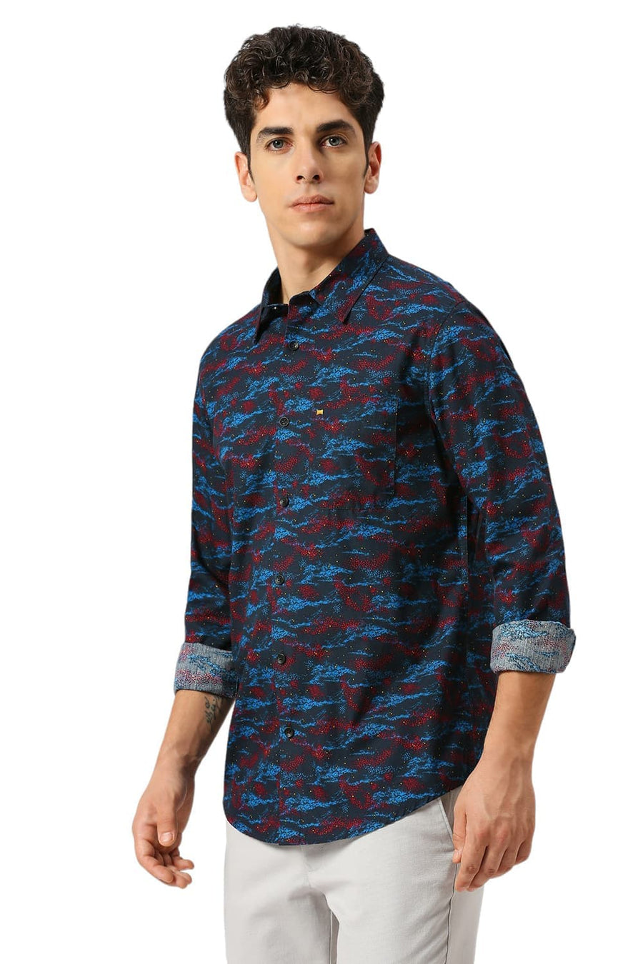 BASICS SLIM FIT POLAR NAVY COTTON PRINTED SHIRT