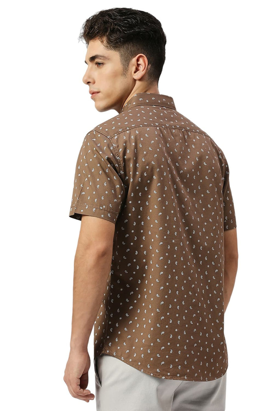 BASICS SLIM FIT MOCHA BROWN COTTON TWILL PRINTED HALFSLEEVES SHIRT