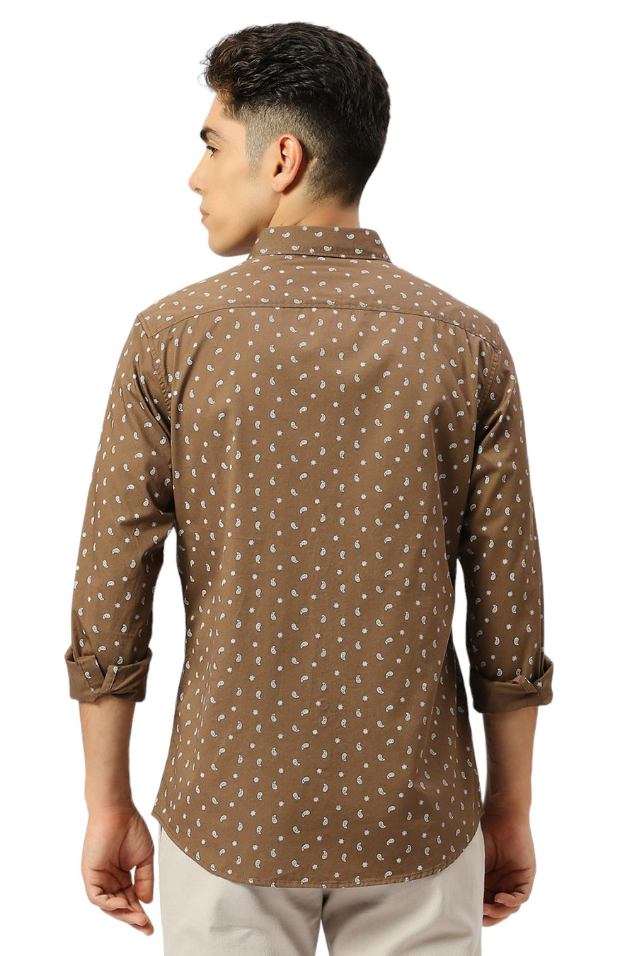 BASICS SLIM FIT MOCHA BROWN COTTON TWILL PRINTED SHIRT
