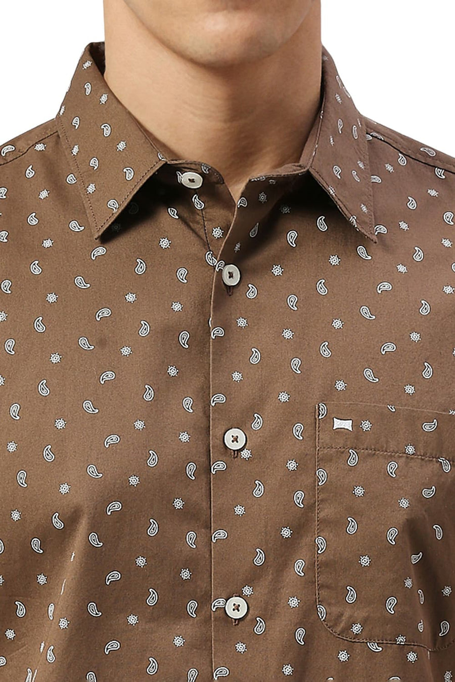 BASICS SLIM FIT MOCHA BROWN COTTON TWILL PRINTED HALFSLEEVES SHIRT
