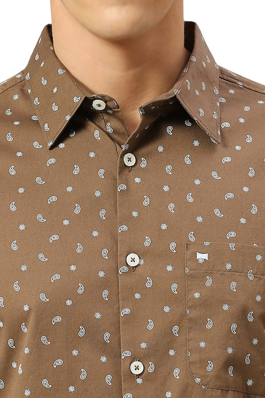 BASICS SLIM FIT MOCHA BROWN COTTON TWILL PRINTED SHIRT