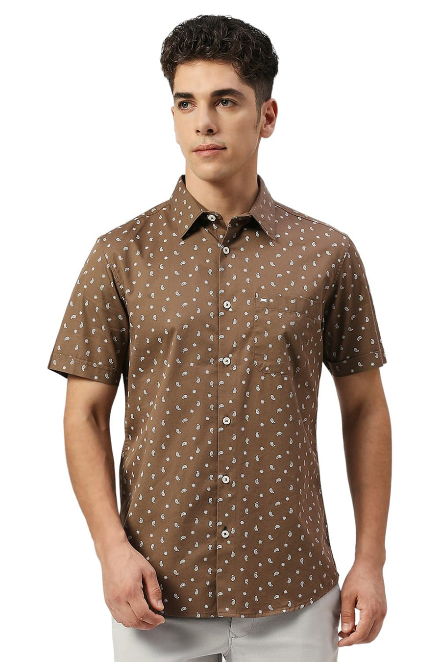 BASICS SLIM FIT MOCHA BROWN COTTON TWILL PRINTED HALFSLEEVES SHIRT