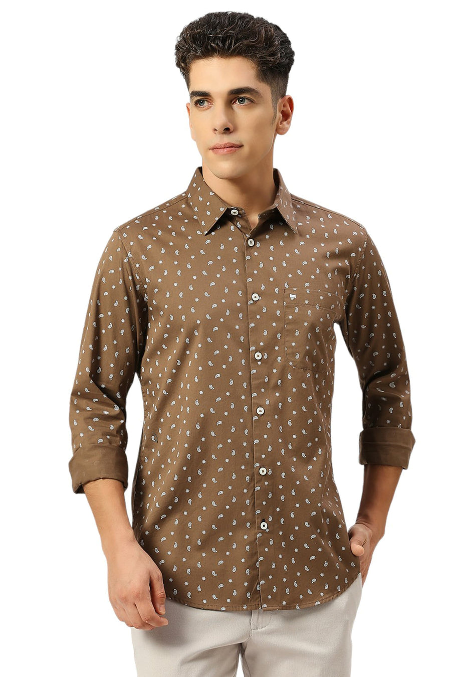 BASICS SLIM FIT MOCHA BROWN COTTON TWILL PRINTED SHIRT