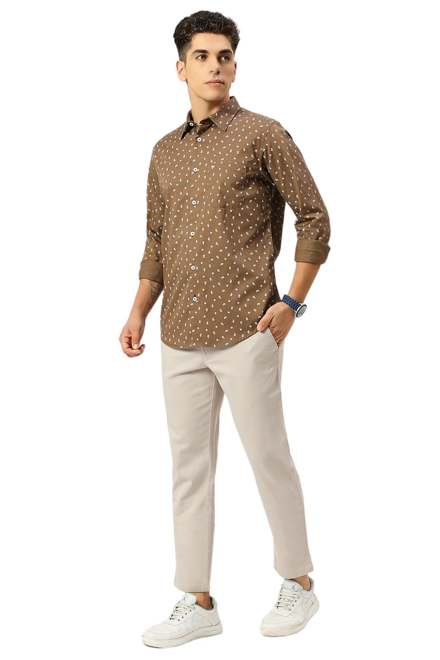 BASICS SLIM FIT MOCHA BROWN COTTON TWILL PRINTED SHIRT