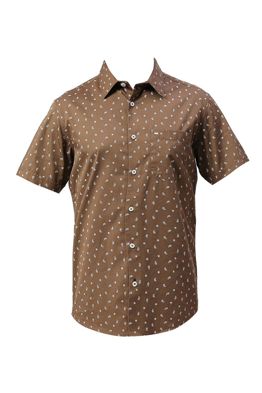 BASICS SLIM FIT MOCHA BROWN COTTON TWILL PRINTED HALFSLEEVES SHIRT