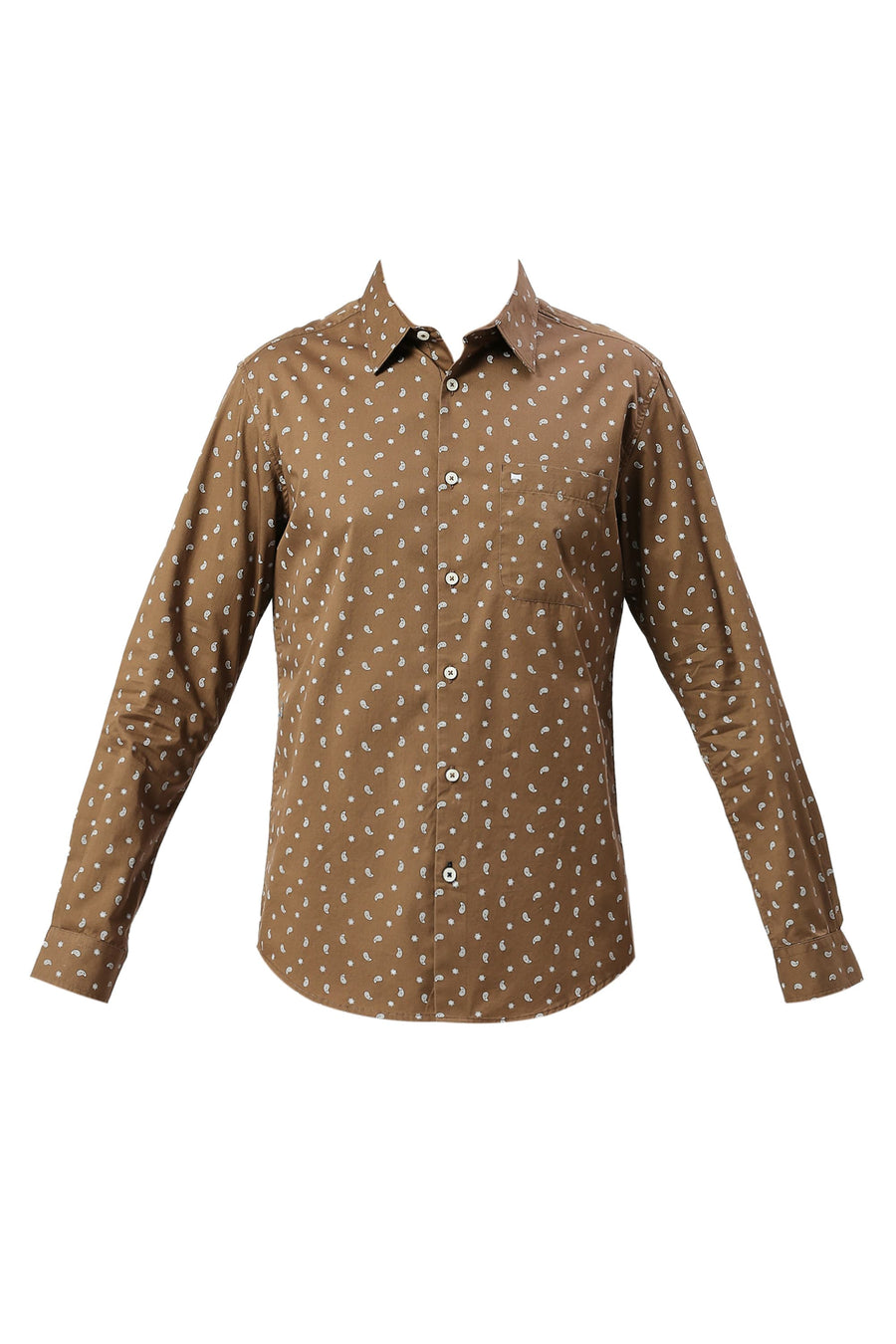 BASICS SLIM FIT MOCHA BROWN COTTON TWILL PRINTED SHIRT