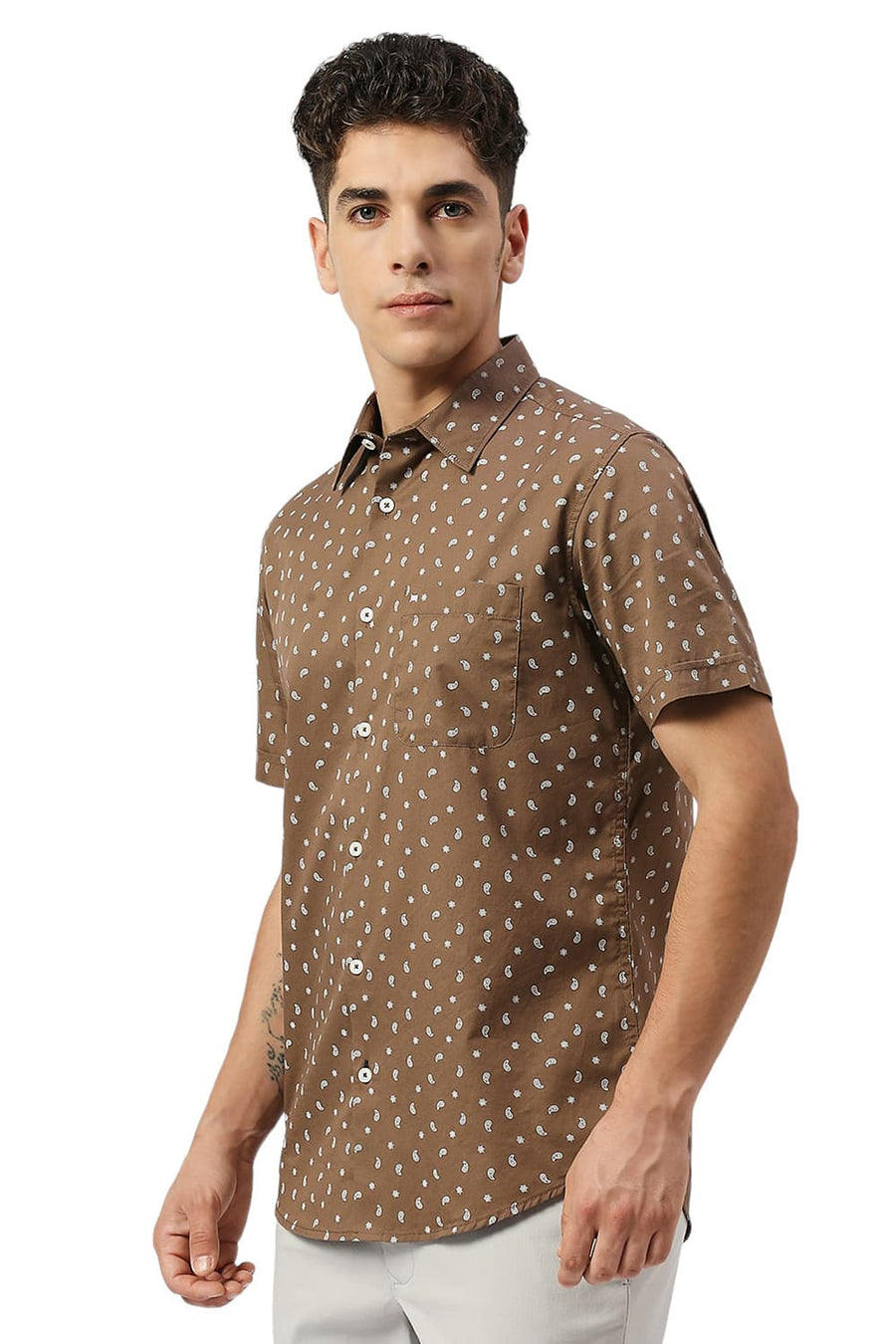 BASICS SLIM FIT MOCHA BROWN COTTON TWILL PRINTED HALFSLEEVES SHIRT