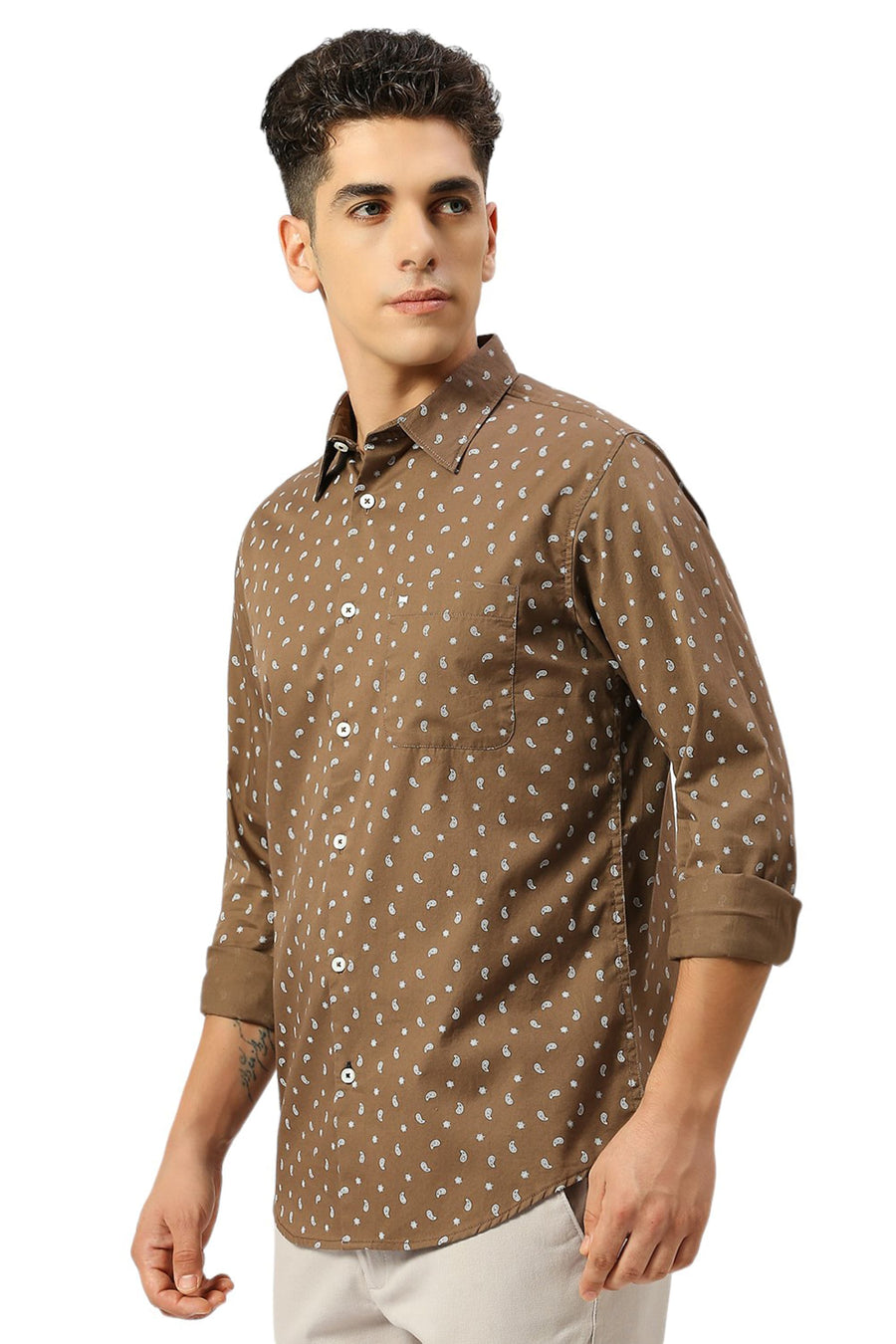 BASICS SLIM FIT MOCHA BROWN COTTON TWILL PRINTED SHIRT