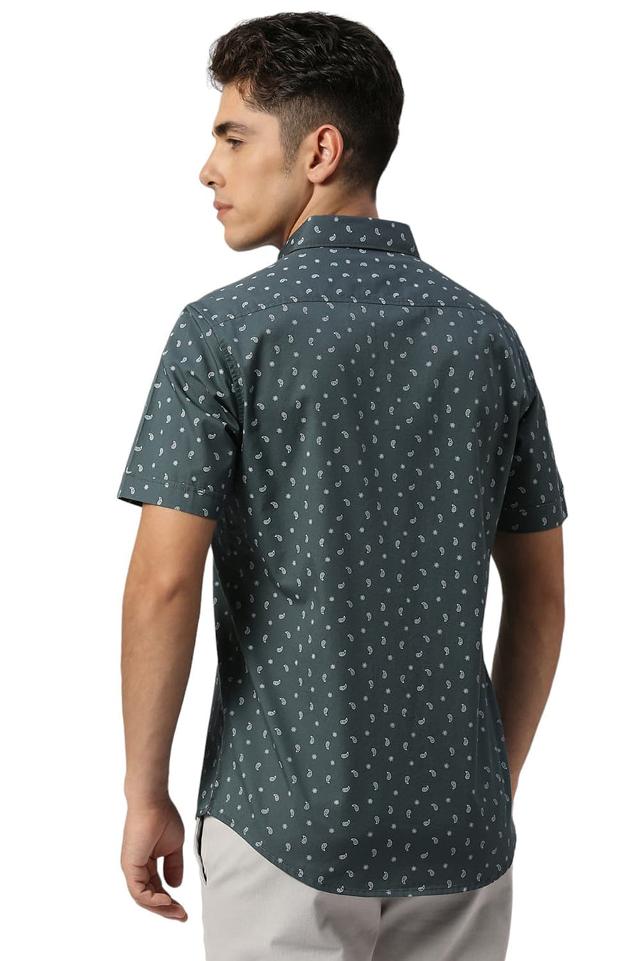 BASICS SLIM FIT PINE GREEN COTTON TWILL PRINTED HALFSLEEVES SHIRT