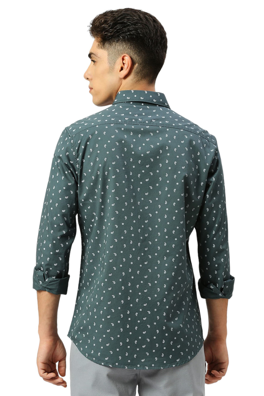 BASICS SLIM FIT PINE GREEN COTTON TWILL PRINTED SHIRT