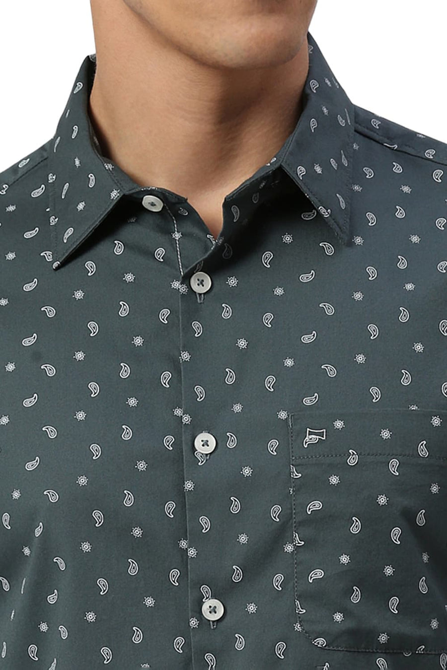 BASICS SLIM FIT PINE GREEN COTTON TWILL PRINTED HALFSLEEVES SHIRT