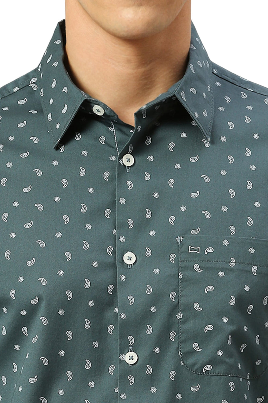 BASICS SLIM FIT PINE GREEN COTTON TWILL PRINTED SHIRT