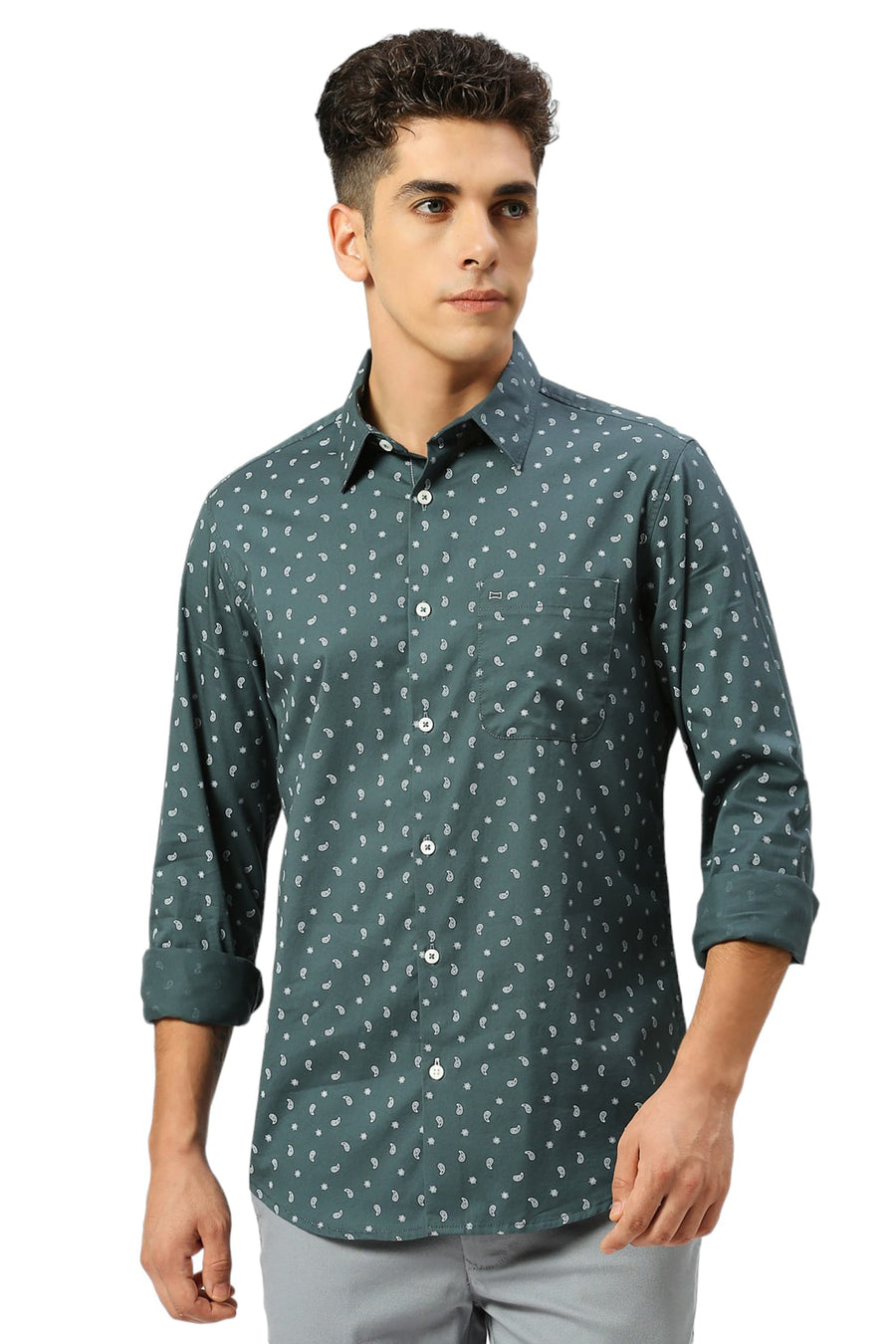 BASICS SLIM FIT PINE GREEN COTTON TWILL PRINTED SHIRT