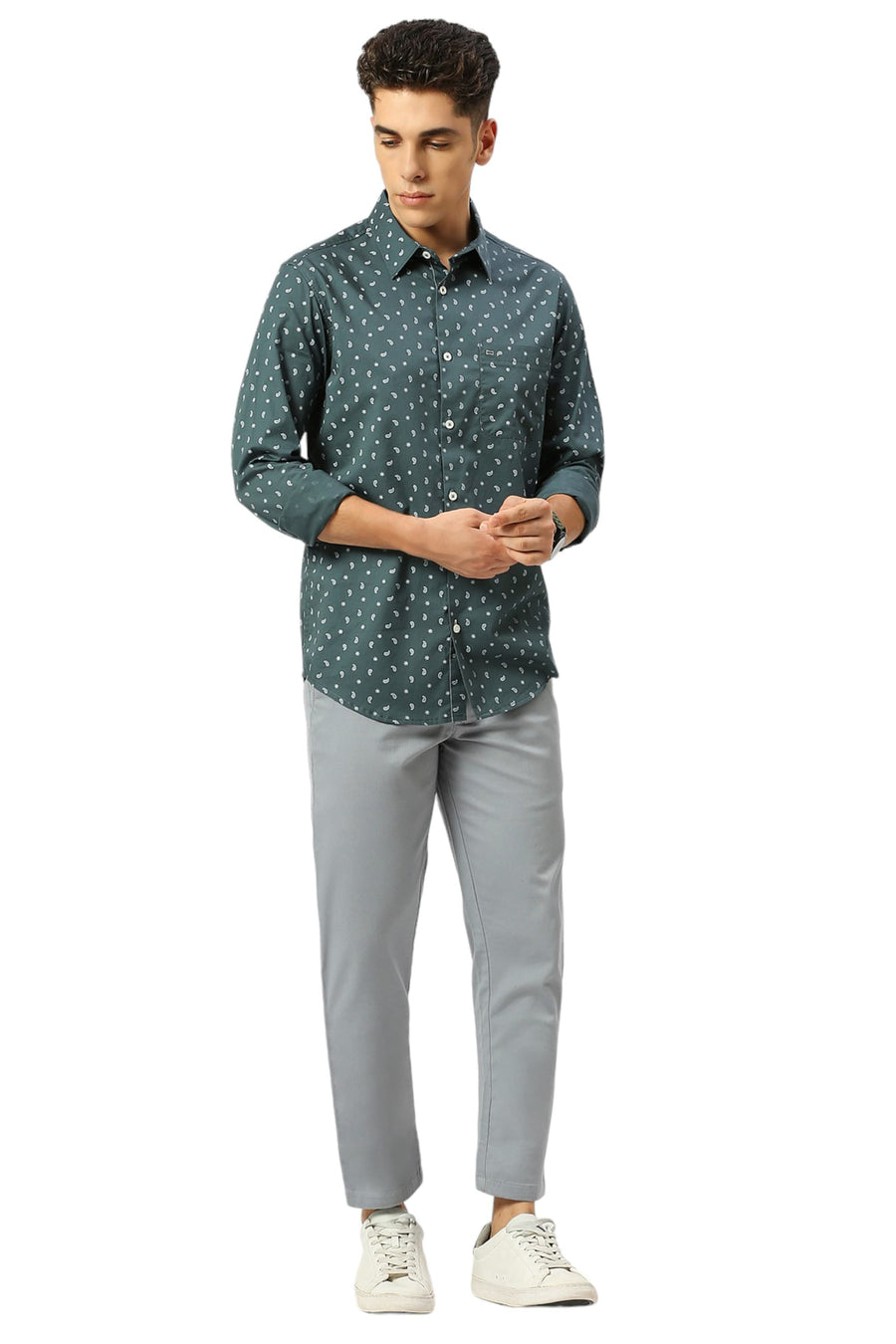 BASICS SLIM FIT PINE GREEN COTTON TWILL PRINTED SHIRT