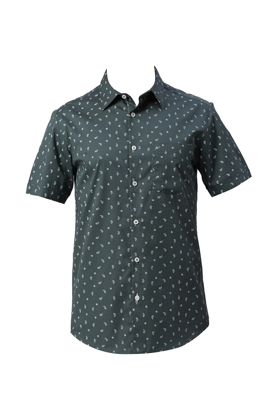 BASICS SLIM FIT PINE GREEN COTTON TWILL PRINTED HALFSLEEVES SHIRT