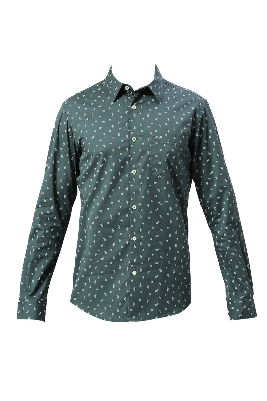BASICS SLIM FIT PINE GREEN COTTON TWILL PRINTED SHIRT