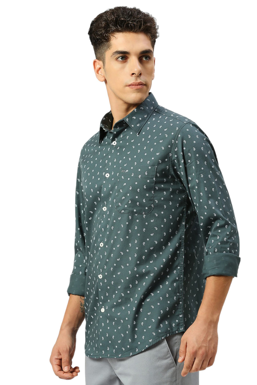 BASICS SLIM FIT PINE GREEN COTTON TWILL PRINTED SHIRT
