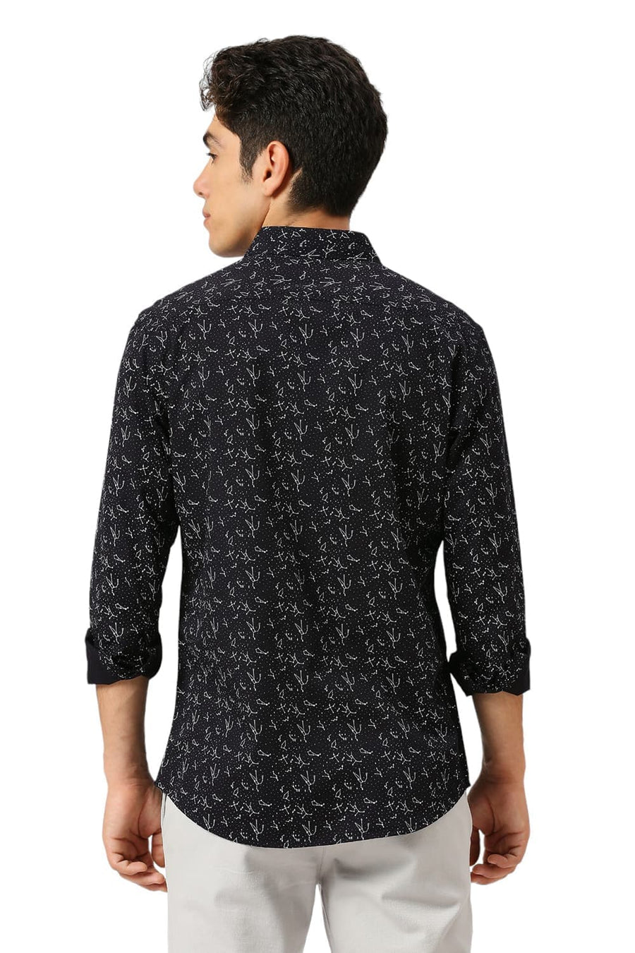 BASICS SLIM FIT GRAPHITE BLACK COTTON TWILL PRINTED SHIRT