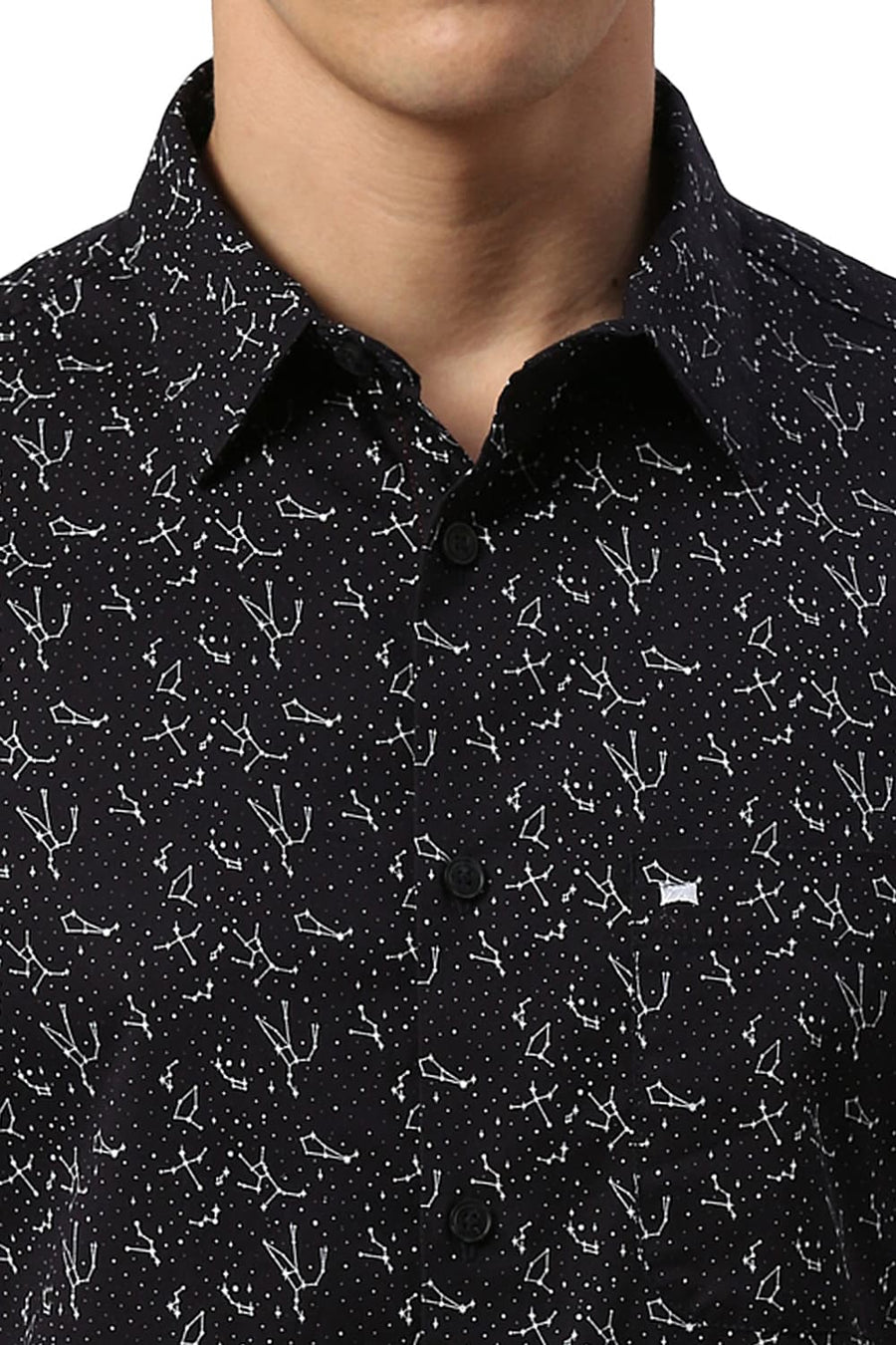 BASICS SLIM FIT GRAPHITE BLACK COTTON TWILL PRINTED HALFSLEEVES SHIRT
