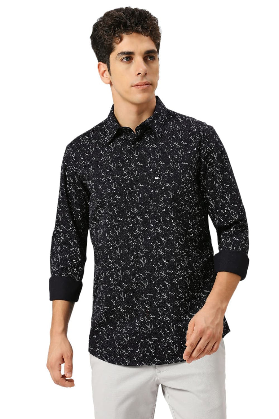 BASICS SLIM FIT GRAPHITE BLACK COTTON TWILL PRINTED SHIRT