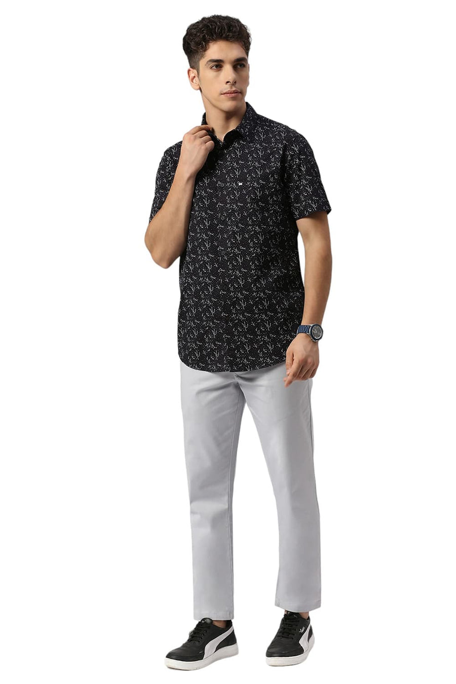 BASICS SLIM FIT GRAPHITE BLACK COTTON TWILL PRINTED HALFSLEEVES SHIRT