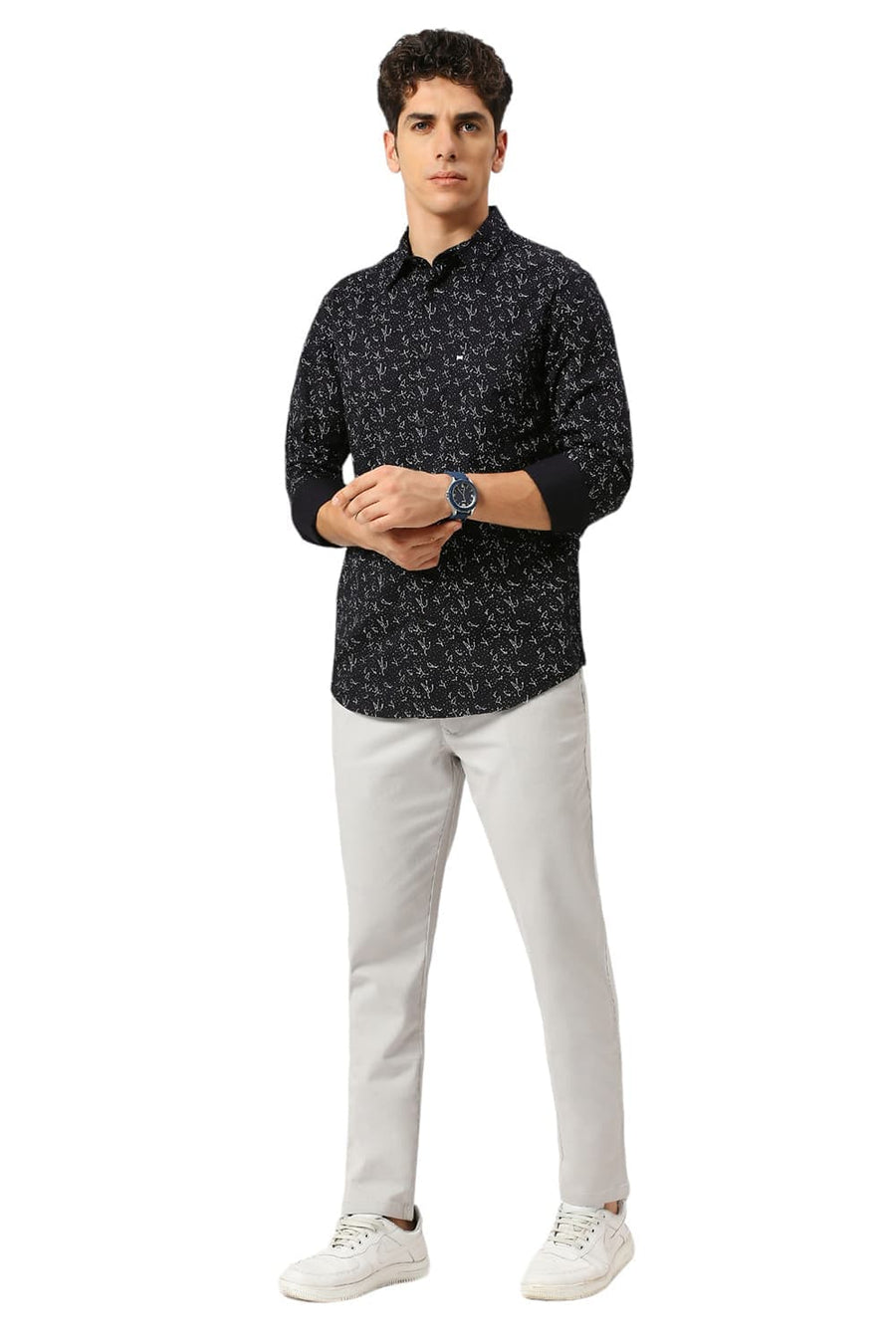 BASICS SLIM FIT GRAPHITE BLACK COTTON TWILL PRINTED SHIRT