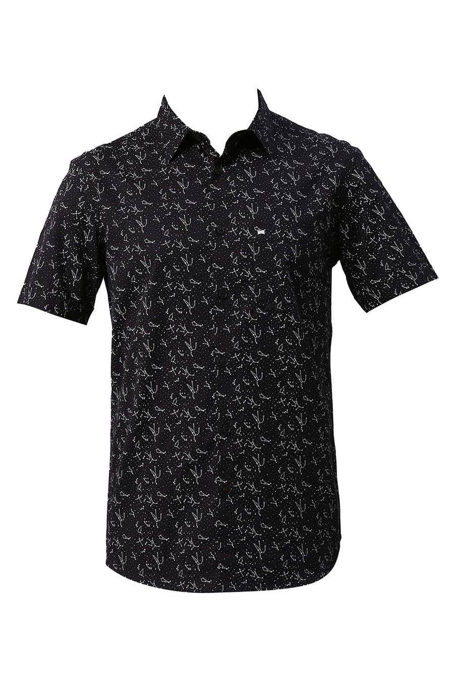 BASICS SLIM FIT GRAPHITE BLACK COTTON TWILL PRINTED HALFSLEEVES SHIRT