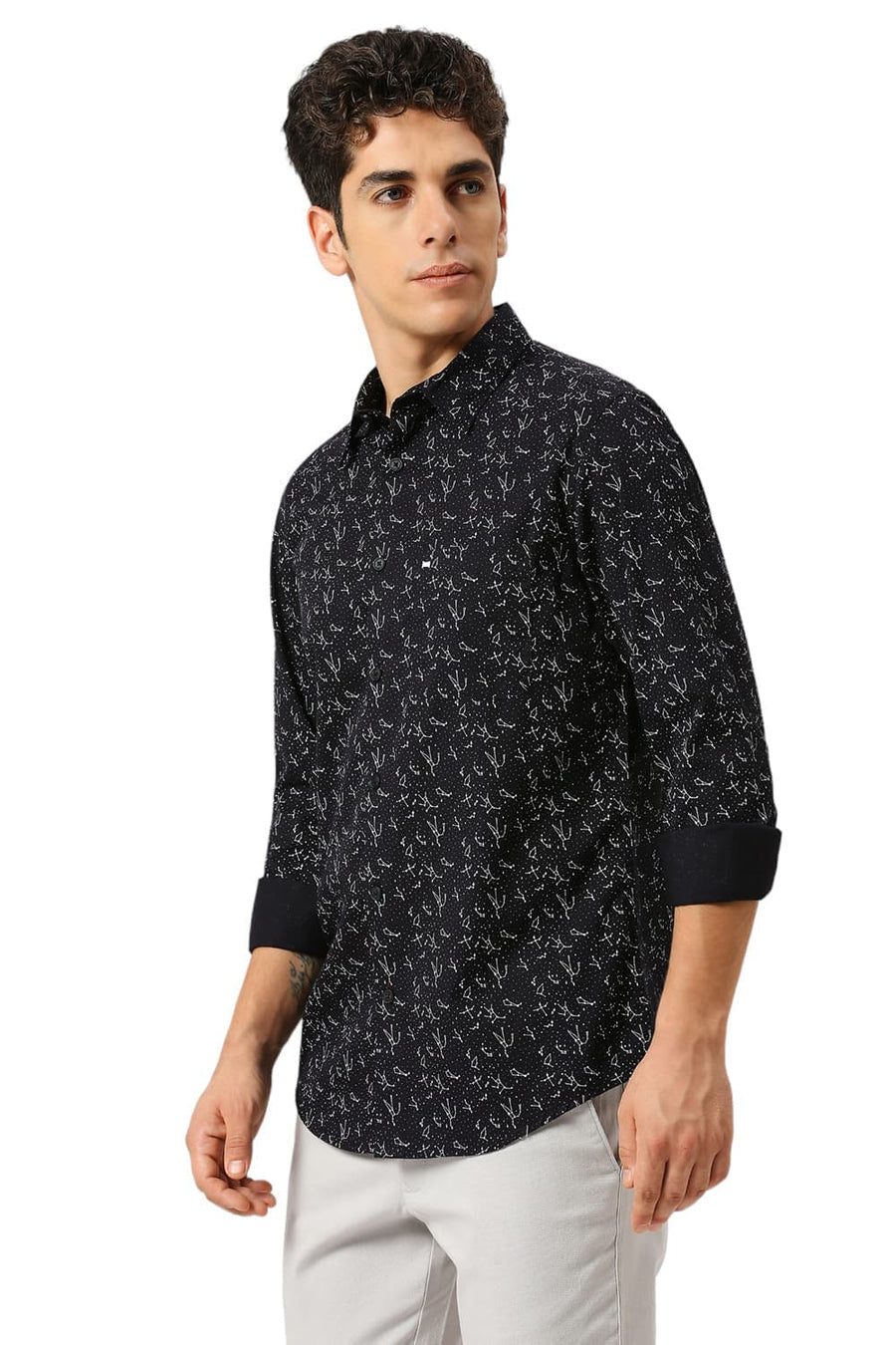 BASICS SLIM FIT GRAPHITE BLACK COTTON TWILL PRINTED SHIRT