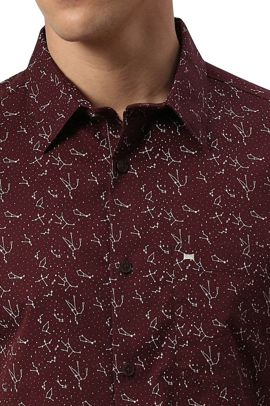 BASICS SLIM FIT CATAWBA WINE COTTON TWILL PRINTED HALFSLEEVES SHIRT