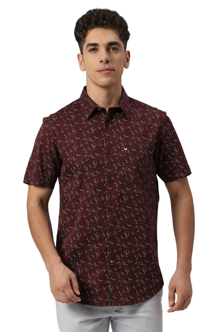 BASICS SLIM FIT CATAWBA WINE COTTON TWILL PRINTED HALFSLEEVES SHIRT
