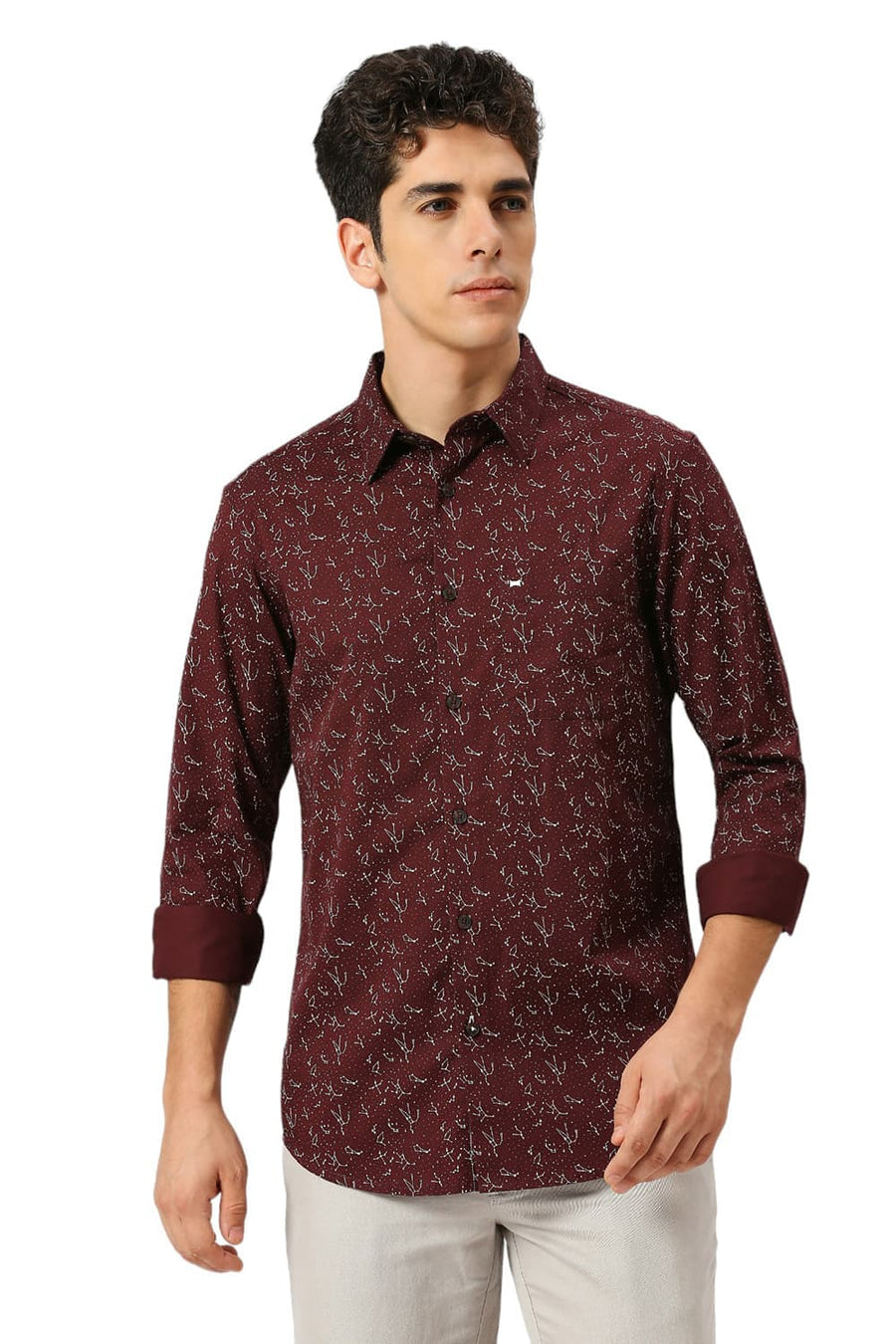 BASICS SLIM FIT CATAWBA WINE COTTON TWILL PRINTED SHIRT