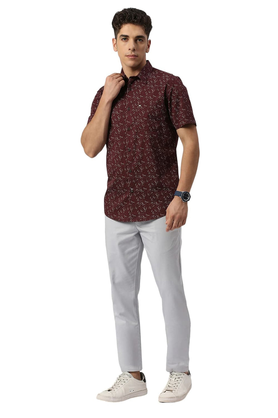 BASICS SLIM FIT CATAWBA WINE COTTON TWILL PRINTED HALFSLEEVES SHIRT