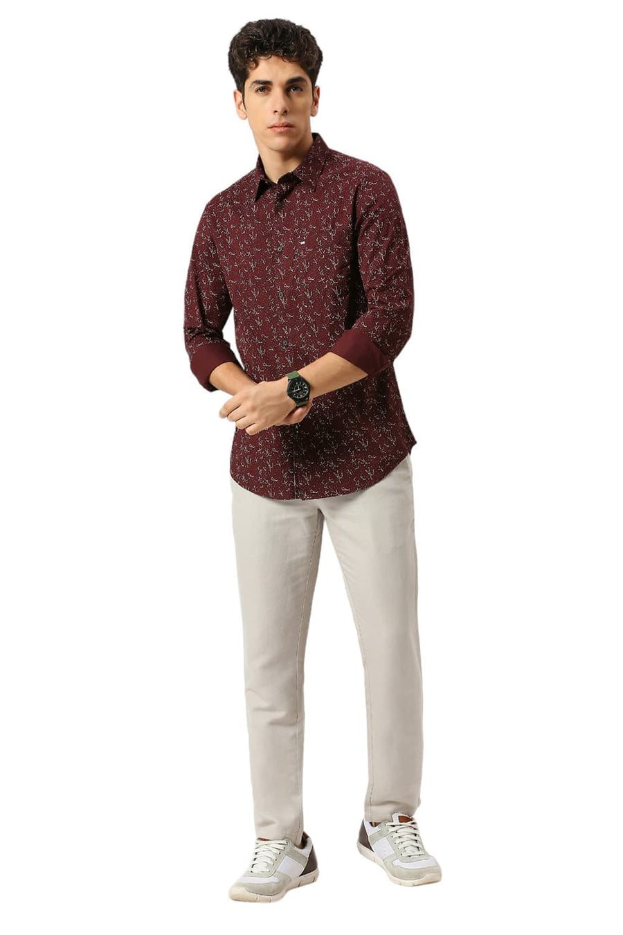 BASICS SLIM FIT CATAWBA WINE COTTON TWILL PRINTED SHIRT