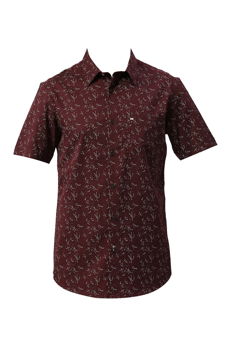 BASICS SLIM FIT CATAWBA WINE COTTON TWILL PRINTED HALFSLEEVES SHIRT