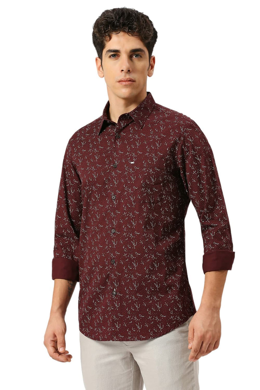 BASICS SLIM FIT CATAWBA WINE COTTON TWILL PRINTED SHIRT
