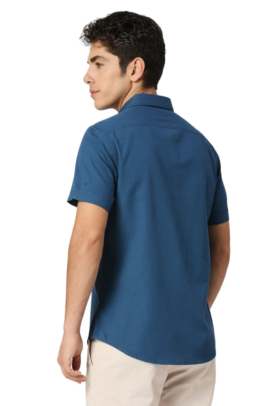 BASICS SLIM FIT SAPPHIRE BLUE COTTON BROKEN TWILL HALFSLEEVES SHIRT
