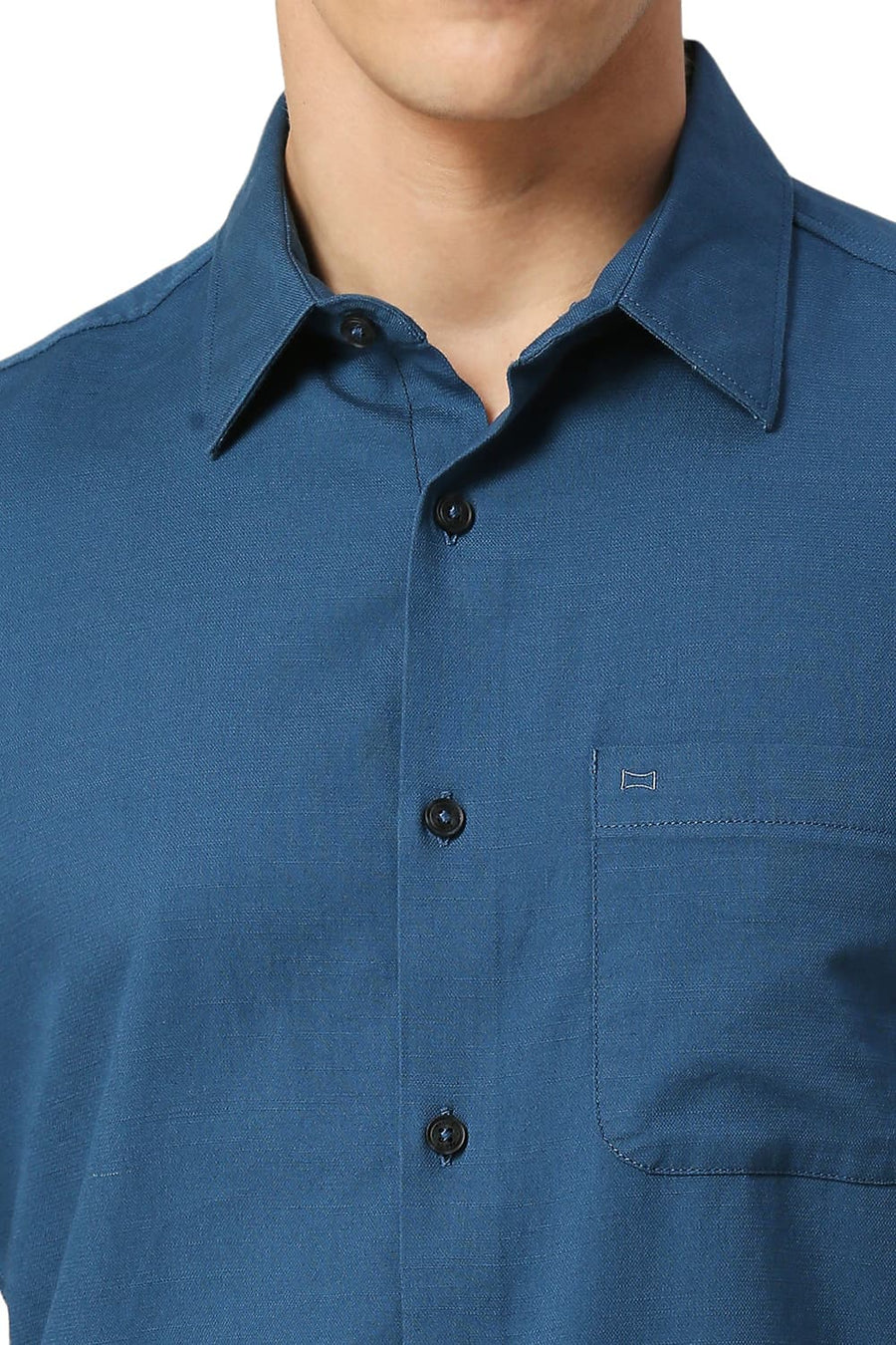 BASICS SLIM FIT SAPPHIRE BLUE COTTON BROKEN TWILL HALFSLEEVES SHIRT