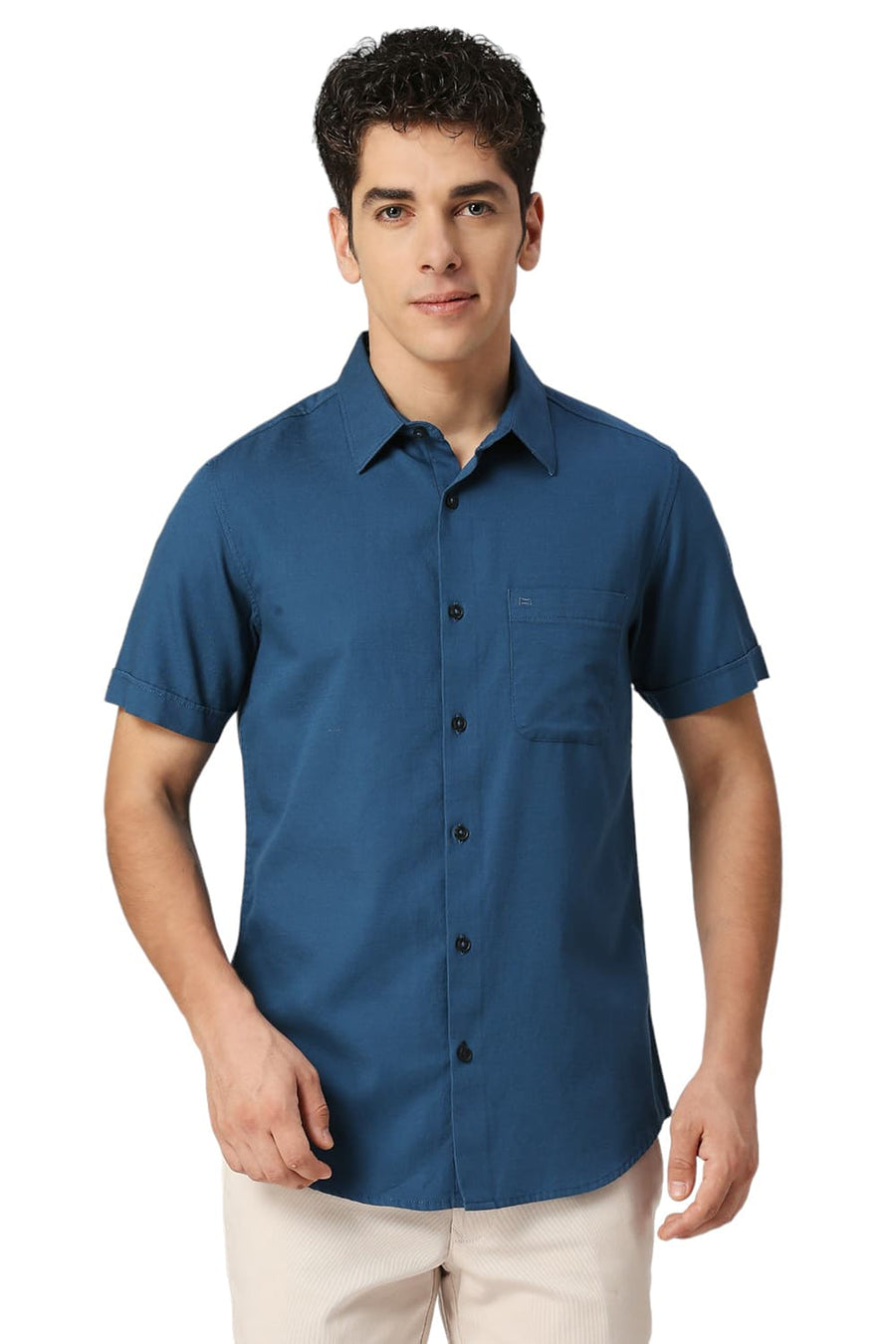 BASICS SLIM FIT SAPPHIRE BLUE COTTON BROKEN TWILL HALFSLEEVES SHIRT