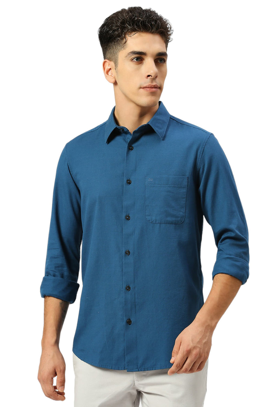 BASICS SLIM FIT SAPPHIRE BLUE COTTON BROKEN TWILL SHIRT