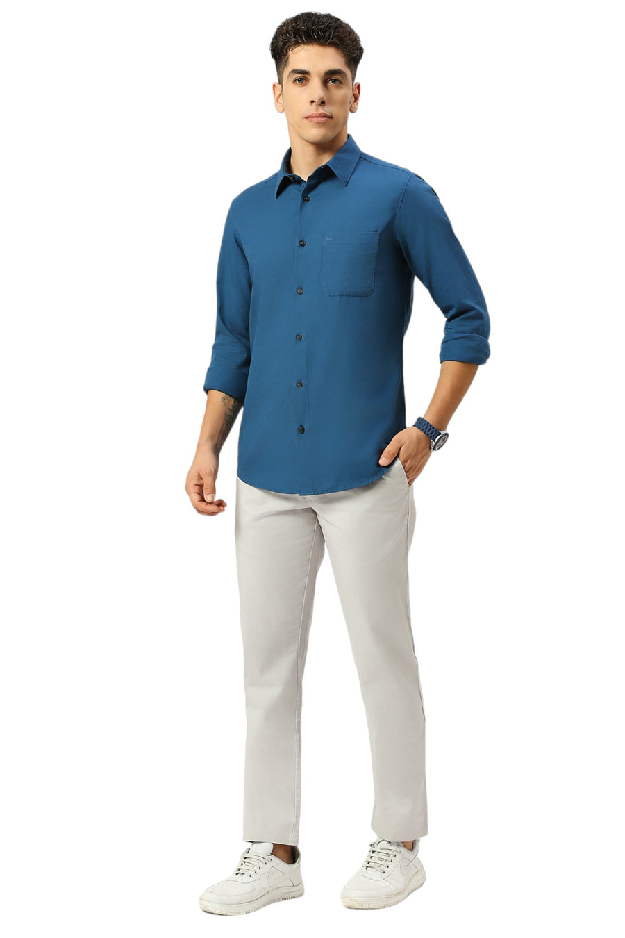 BASICS SLIM FIT SAPPHIRE BLUE COTTON BROKEN TWILL SHIRT